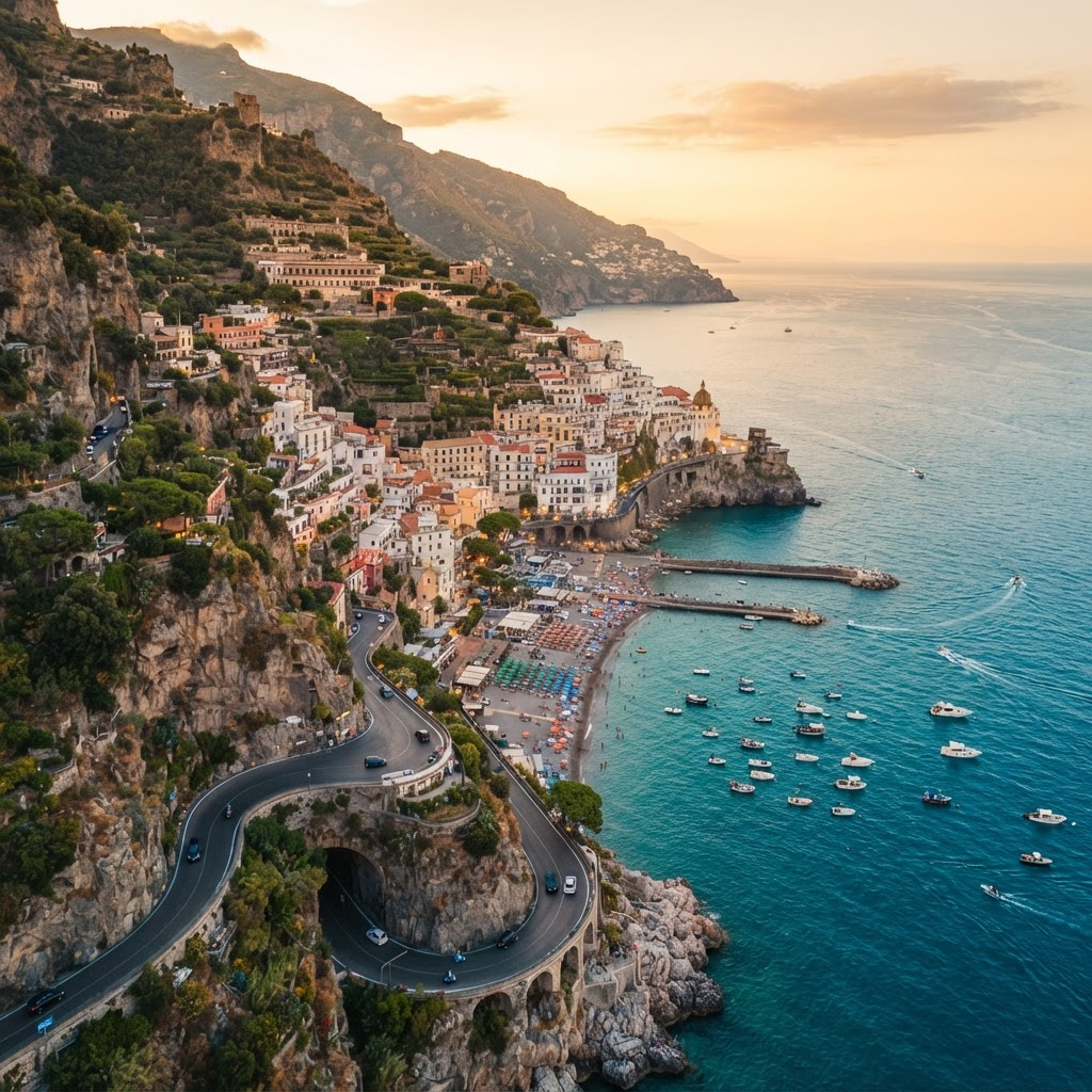 Aerial view of a coastal Mediterranean town at golden hour